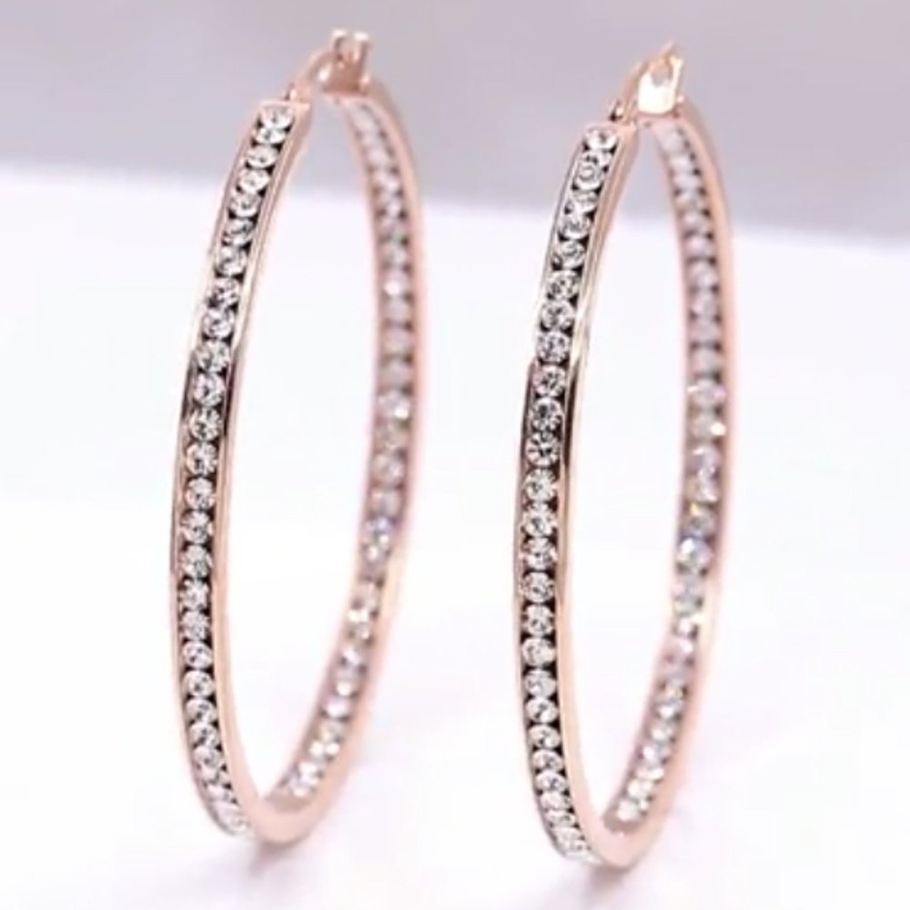 Rose Gold Clear Stone Rhinestone Hoop Earrings Sparkle CZ Crystal Channel Hoops